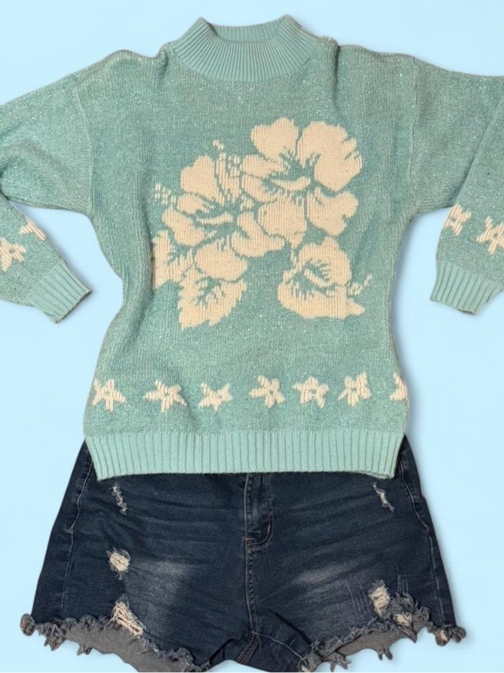 Jolie Mint Green Floral Crewneck Sweater with Cream Flowers